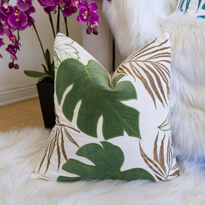 Autumn Vibes Leaf Accent Pillow with green leaves and brown fern stripes on white fabric on Tampa Home & Garden Store