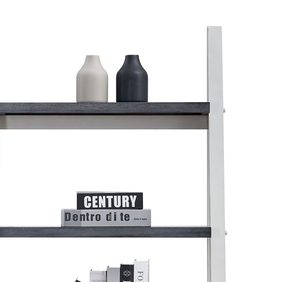 5-tier ladder shelf with rubber wood frame in grey & white on display with two decorative vases on Tampa Home & Garden Store