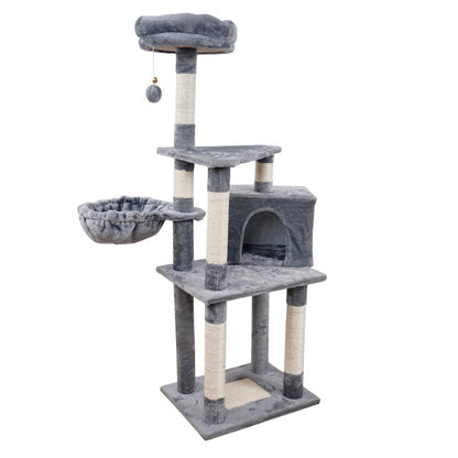 Multi-level cat tree with plush gray platforms, sisal posts, cave, and hanging ball on Tampa Home & Garden Store