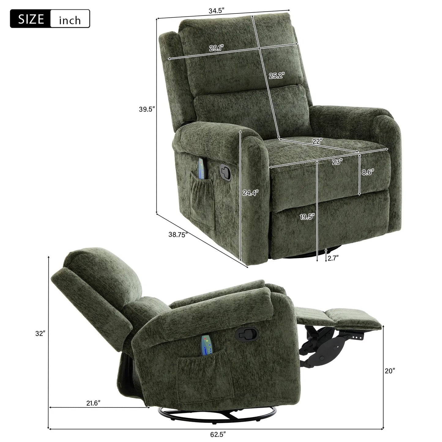 Manual Recliner Massage Chair with Swivel Rocker, textured upholstery, 8 modes, side pocket on Tampa Home & Garden Store