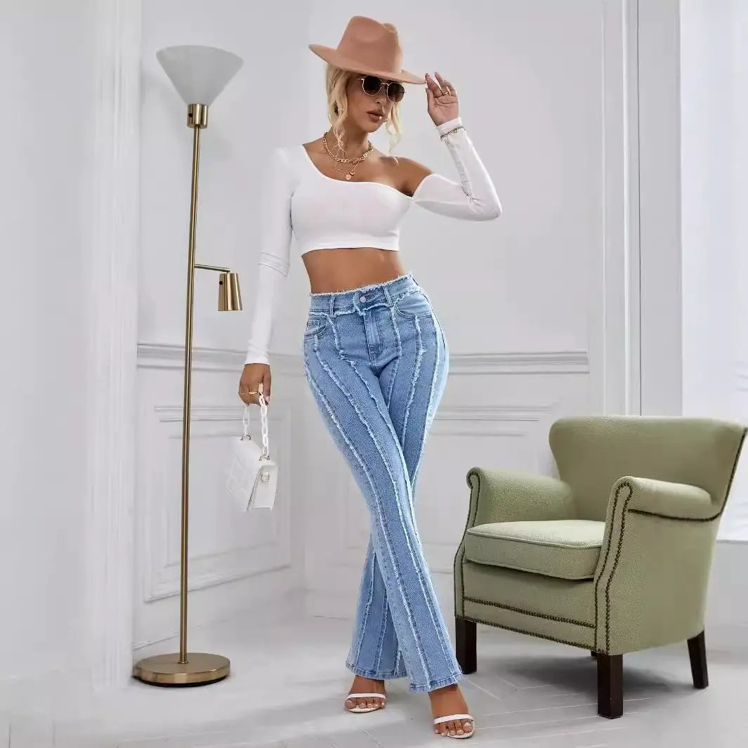 New Slightly Flared Wadding Edge Jeans for Women by FLIPSTYLEZLLC, light blue denim on Tampa Home & Garden Store