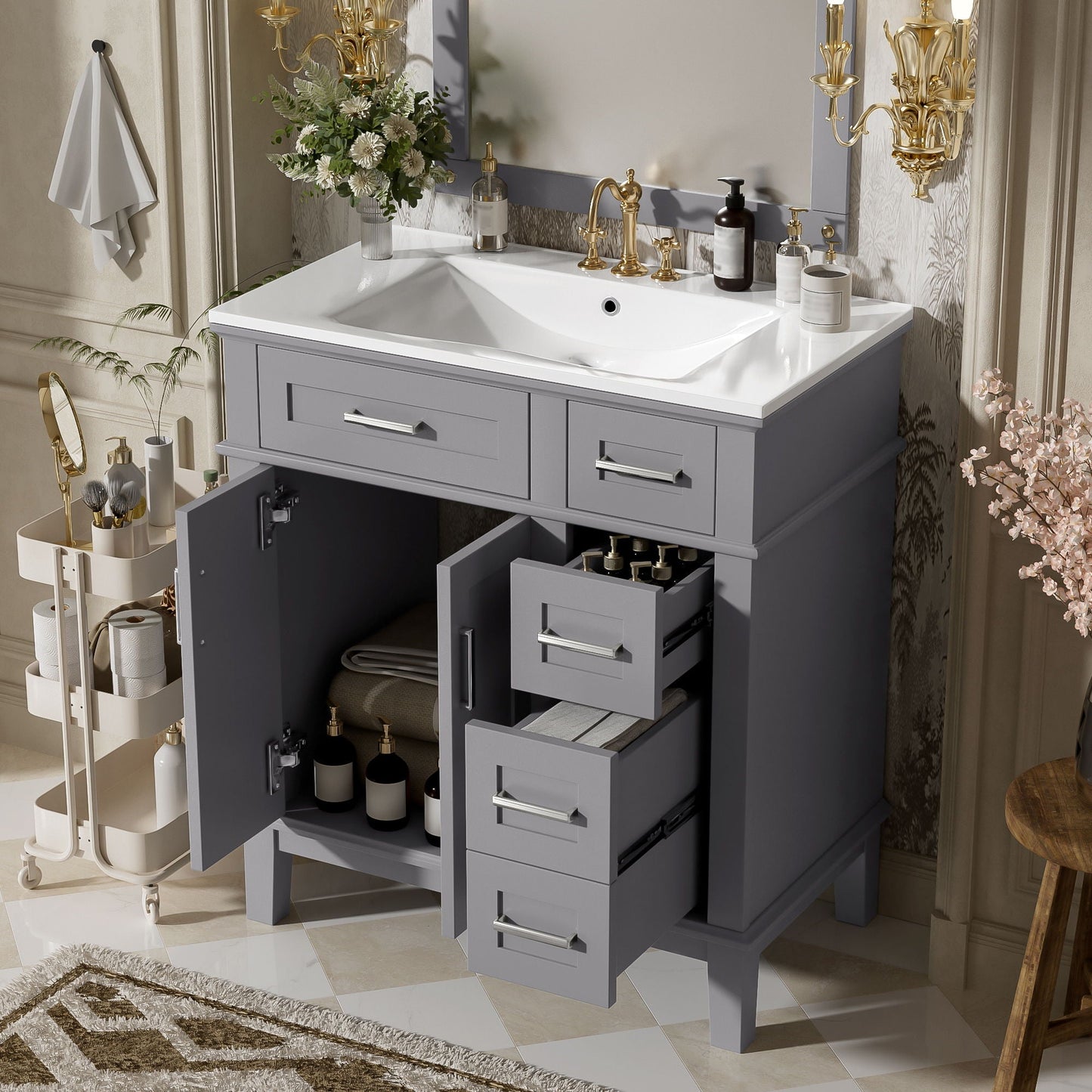 Modern bathroom vanity with sink, gray storage cabinet, deep and standard drawers on Tampa Home & Garden Store