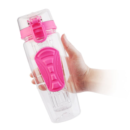 Fruit infuser water bottle 32oz GemGear with pink flip-top lid and anti-slip grip on Tampa Home & Garden Store