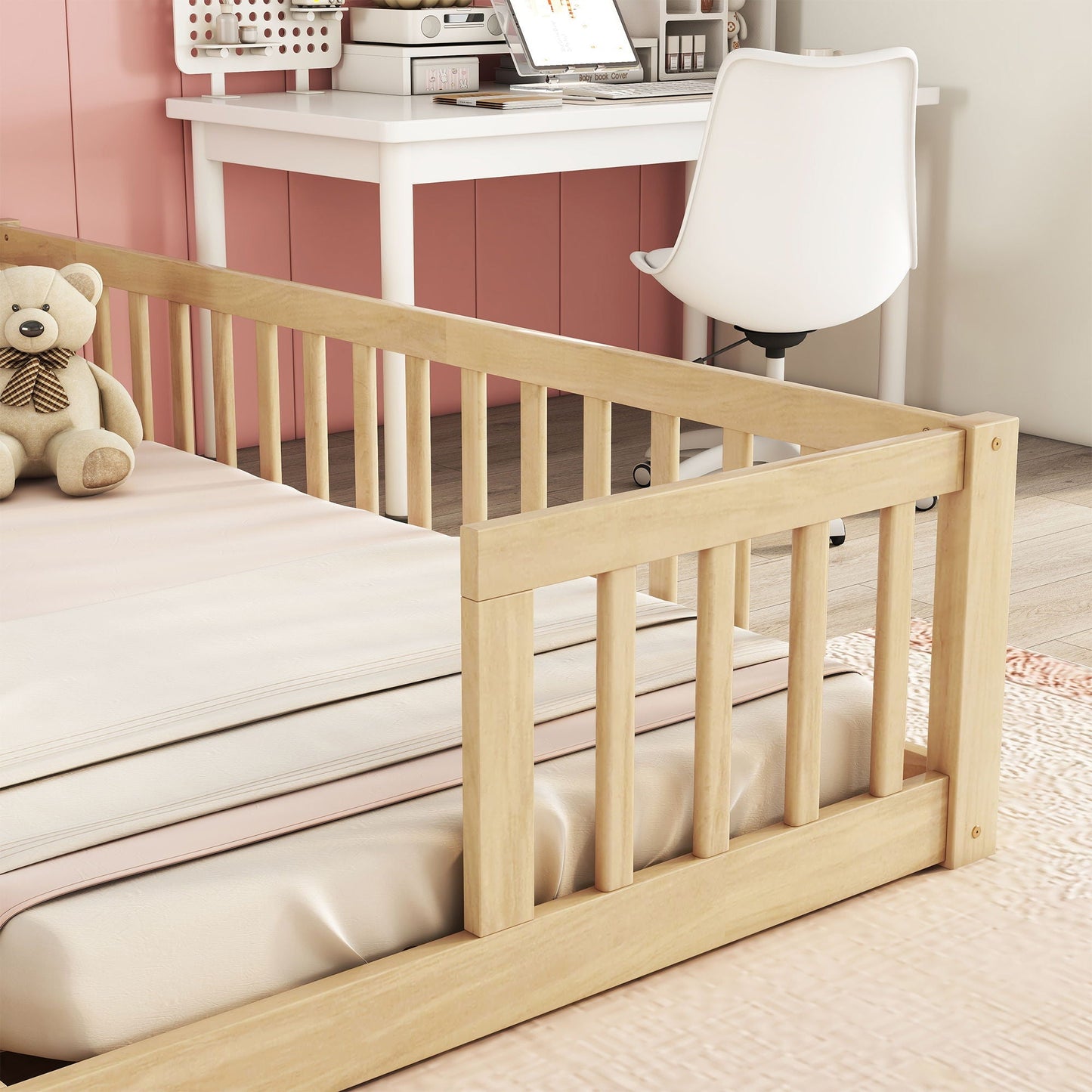 Solid Double Floor Bed With Guardrails and Fence