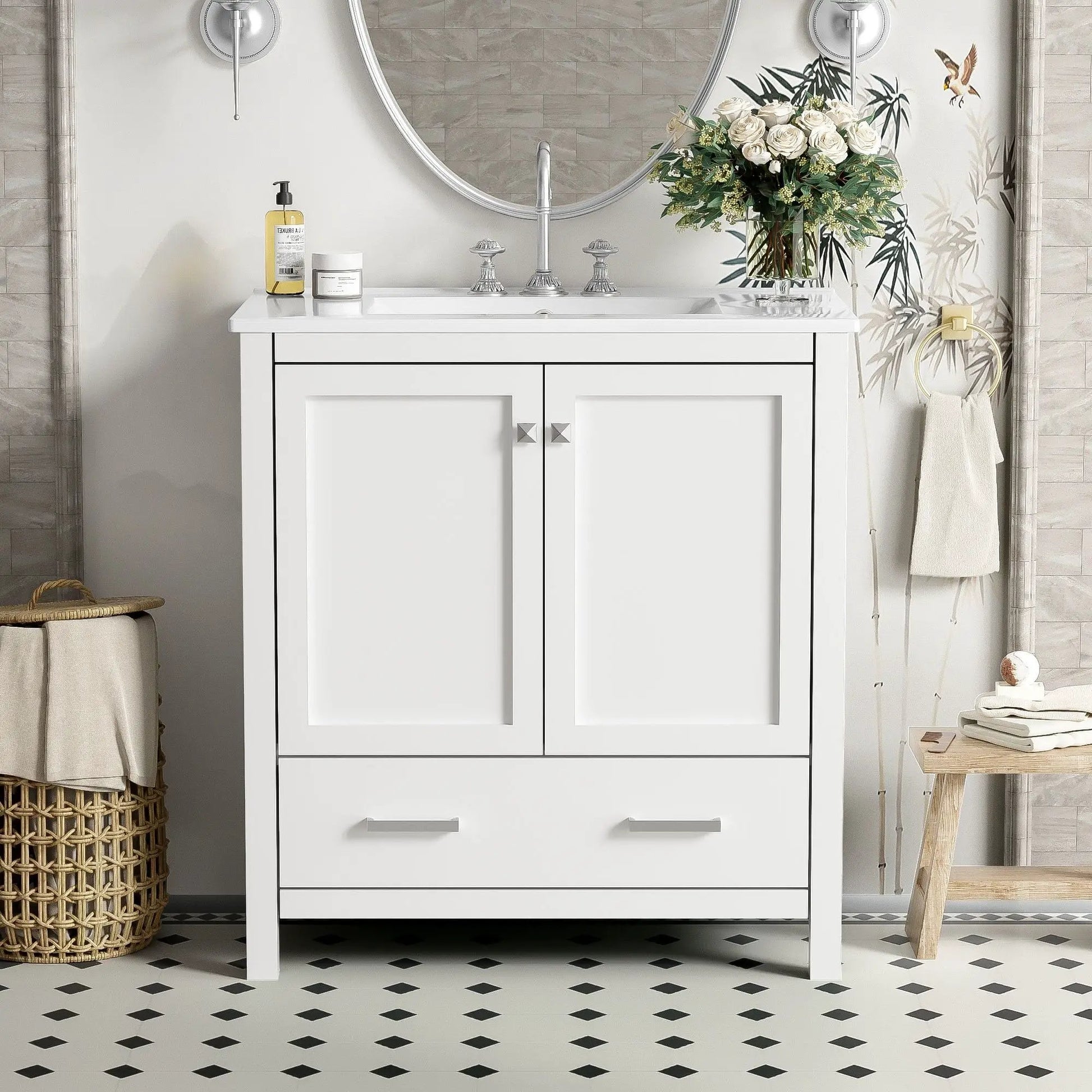 Bathroom vanity with single undermount sink, white solid-wood cabinet with doors and a drawer on Tampa Home & Garden Store