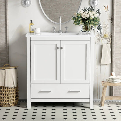 Bathroom vanity with single undermount sink, white solid-wood cabinet with doors and a drawer on Tampa Home & Garden Store