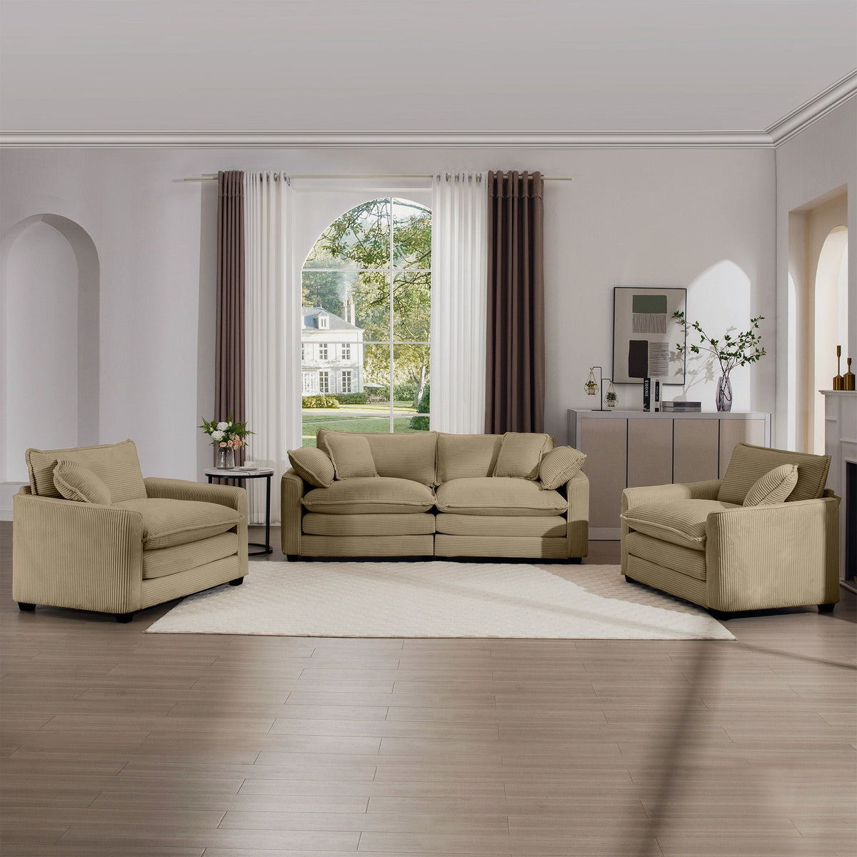 Elegant oversized beige 3-piece sectional with deep seats and ribbed fabric by HouseOfZazla on Tampa Home & Garden Store