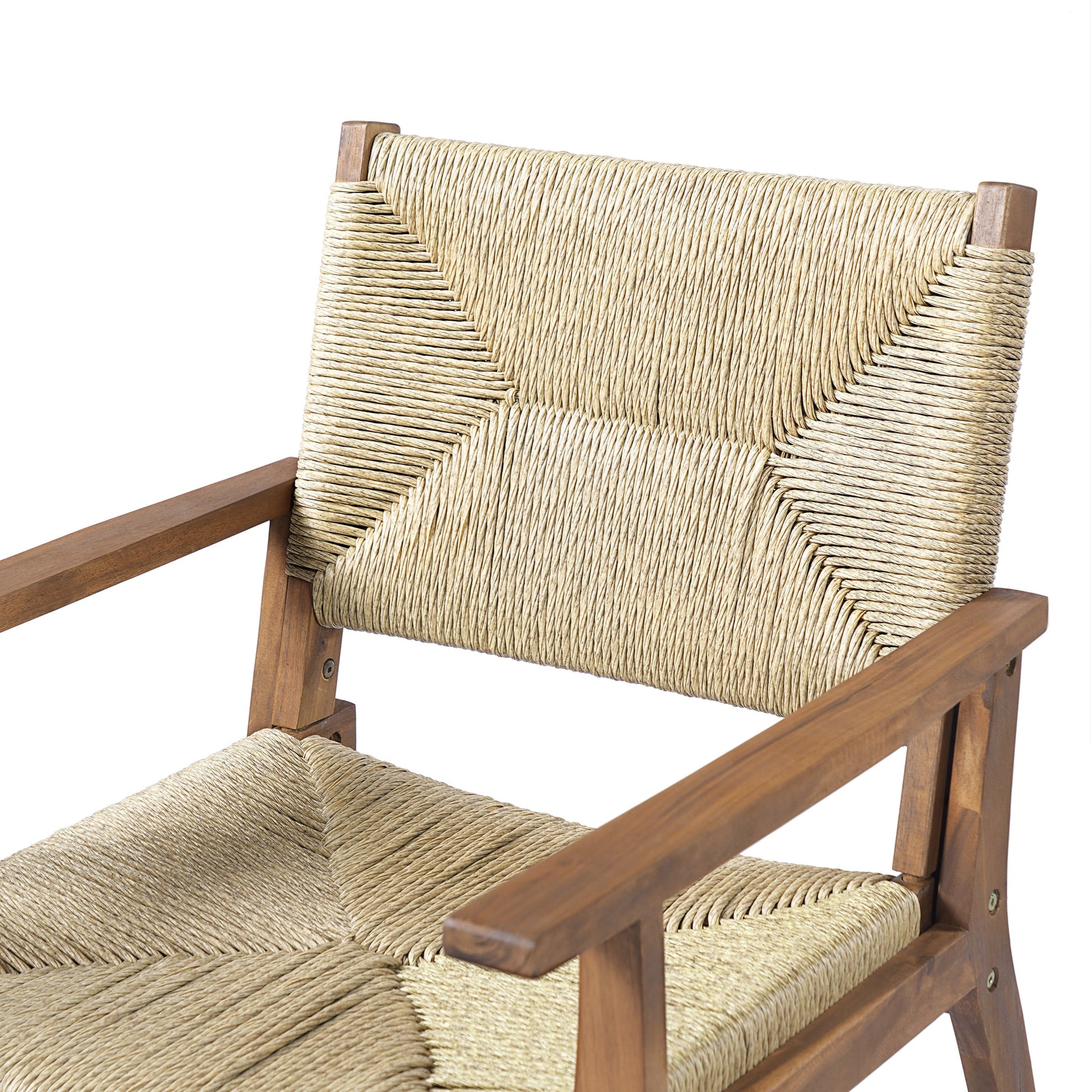Durable outdoor dining chair with acacia wood frame and natural woven wicker seat on Tampa Home & Garden Store
