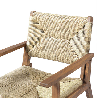 Durable outdoor dining chair with acacia wood frame and natural woven wicker seat on Tampa Home & Garden Store