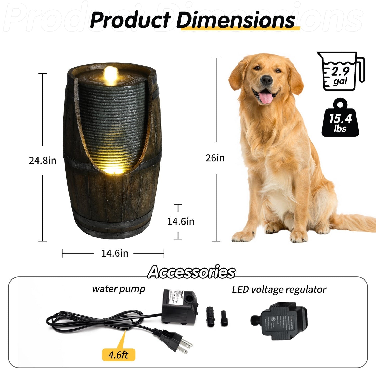 Wooden barrel-style outdoor water fountain with lights, dark barrel shown beside a dog for scale on Tampa Home & Garden Store