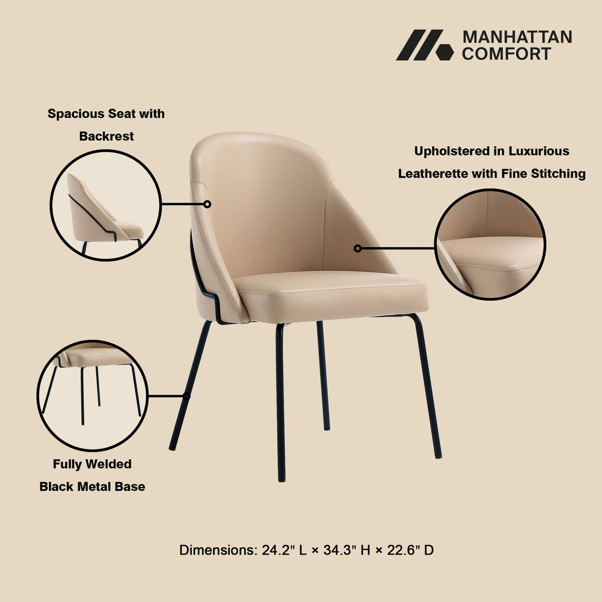 Dining chair by Manhattan Comfort with vegan upholstery, beige and black metal legs on Tampa Home & Garden Store