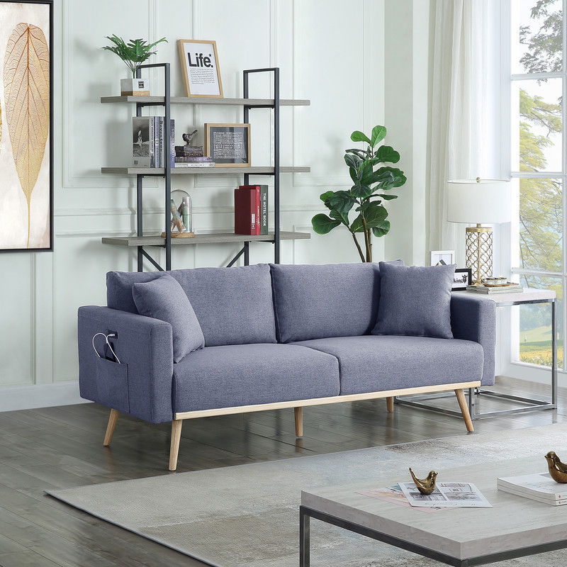 Easton fabric sofa by HouseOfZazla with USB ports and pockets in blue fabric on wood legs on Tampa Home & Garden Store