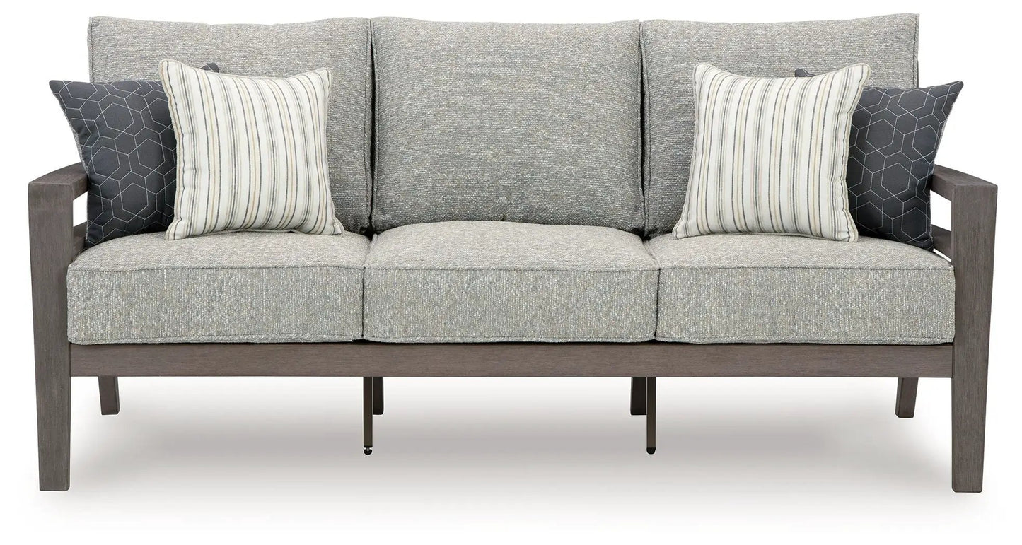 Hillside Barn sofa with cushion in gray/brown fabric, wooden frame and accent pillows on Tampa Home & Garden Store