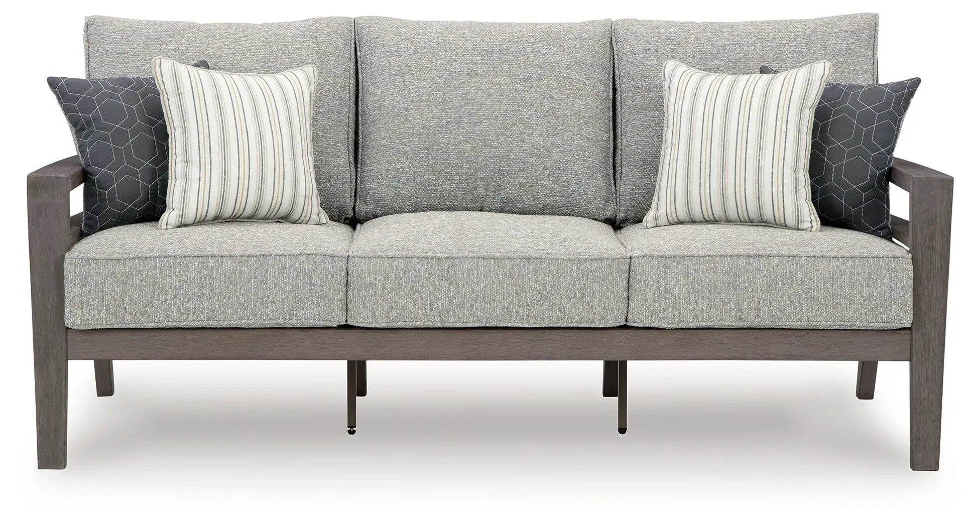 Hillside Barn sofa with cushion in gray/brown fabric, wooden frame and accent pillows on Tampa Home & Garden Store