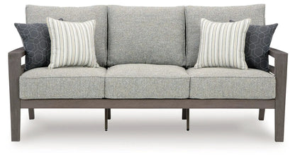 Hillside Barn sofa with cushion in gray/brown fabric, wooden frame and accent pillows on Tampa Home & Garden Store