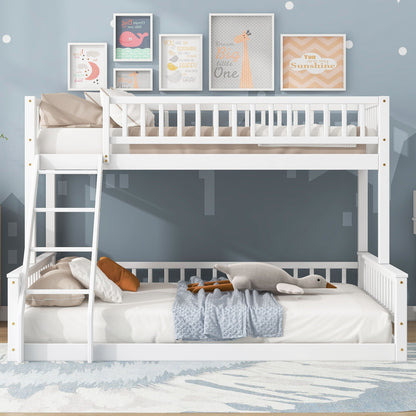 Bunk bed with ladder and guardrails, white wood, six pastel framed prints above on blue wall on Tampa Home & Garden Store