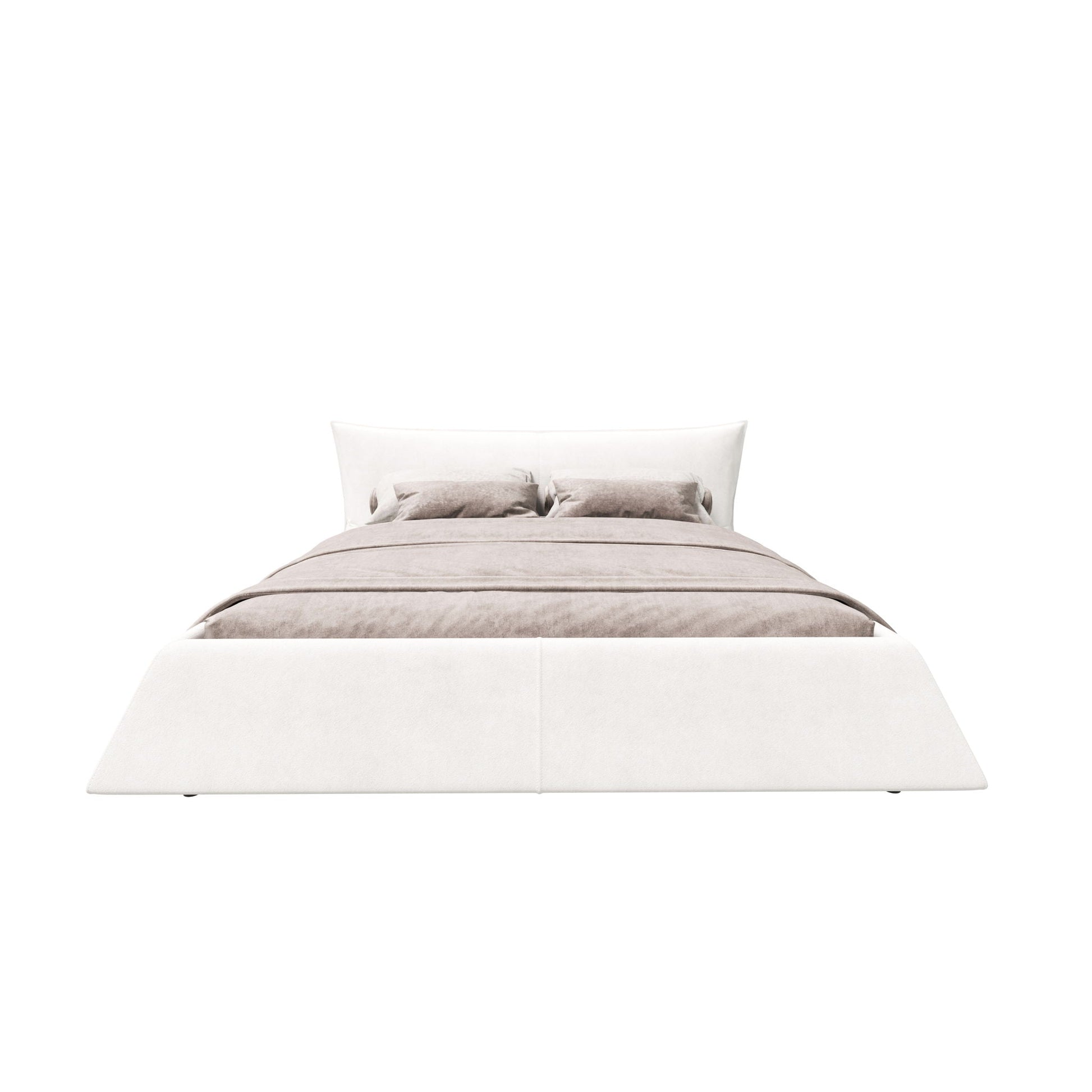 Upholstered platform bed with special shaped headboard in beige fabric by HouseOfZazla on Tampa Home & Garden Store
