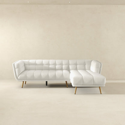 White L-shaped tufted sectional sofa with mid-century modern design and gold legs on Tampa Home & Garden Store