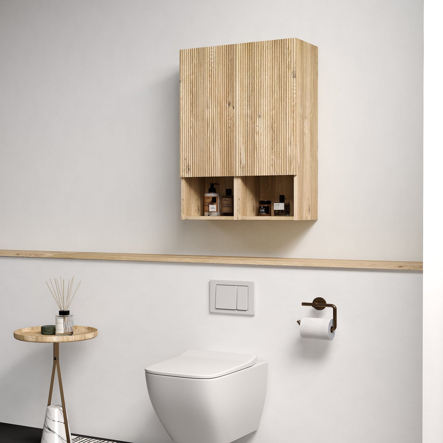 Abay Home Chic Striped Texture Bathroom Storage Cabinet natural wood wall-mounted shelf on Tampa Home & Garden Store