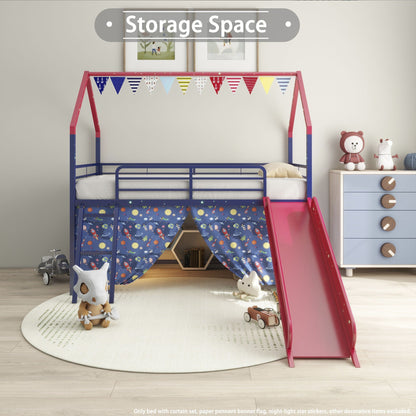 Jack Loft Bed With Slide And Curtain Set by HouseOfZazla, pink and blue frame with bunting on Tampa Home & Garden Store