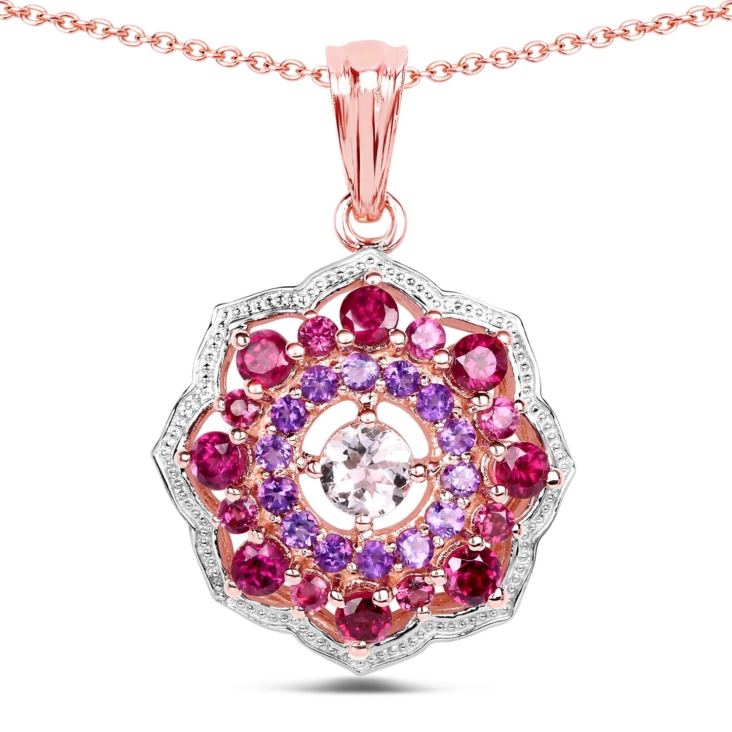 Pendant: rose gold plated 14K with Morganite, rhodolite & amethyst in .925 silver on Tampa Home & Garden Store