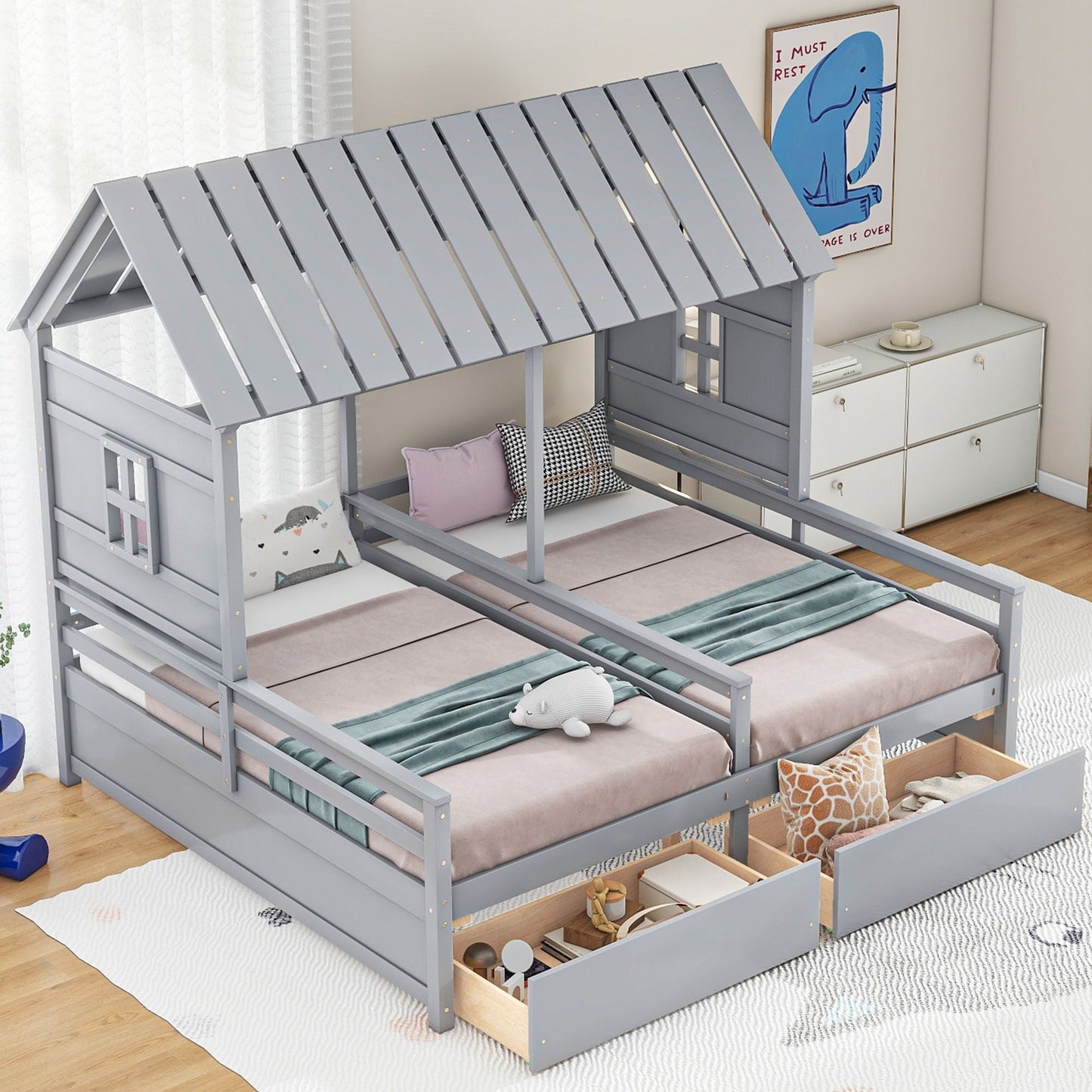 House Platform Bed with 2 Drawers, gray wood frame, side-by-side storage by HouseOfZazla on Tampa Home & Garden Store
