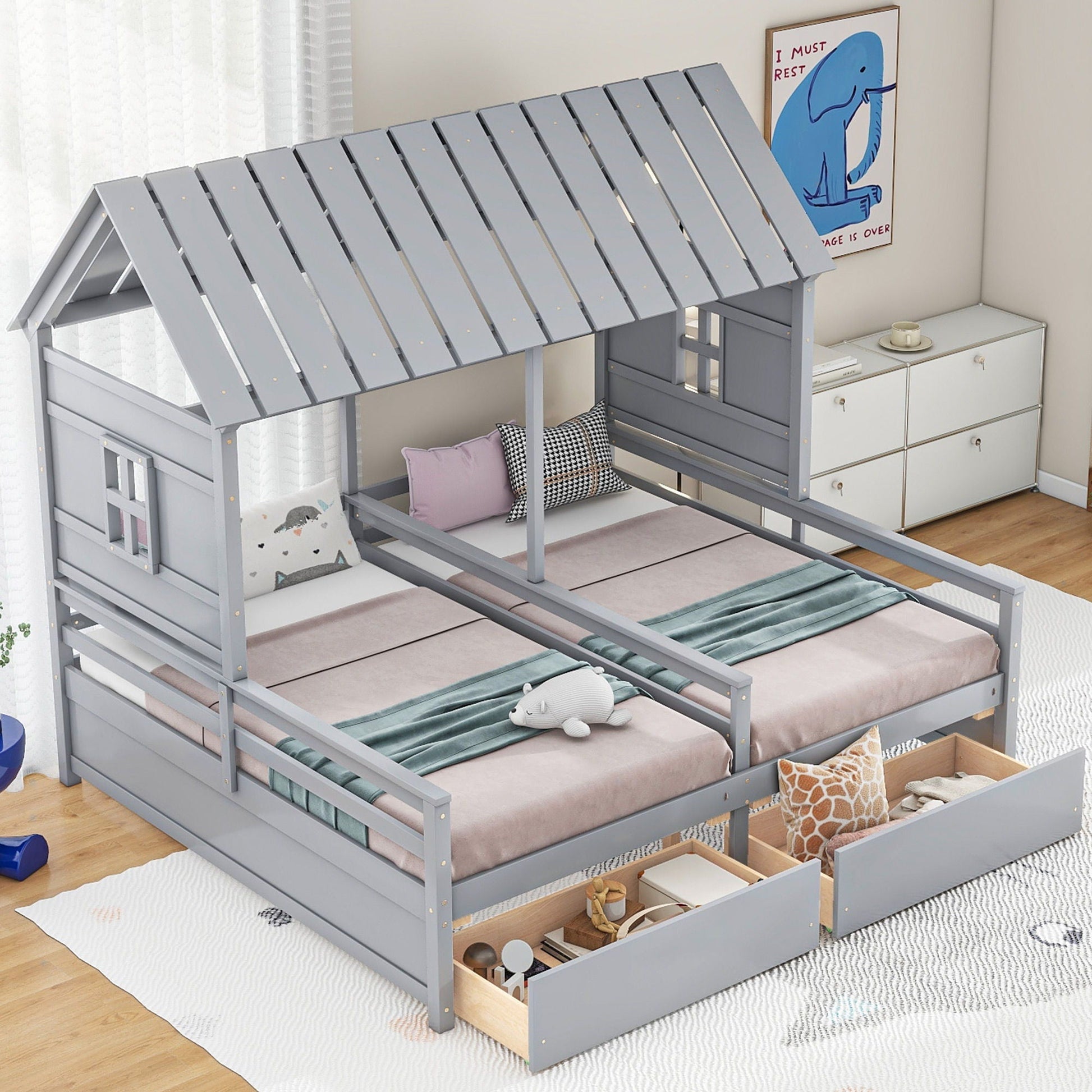 House Platform Bed with 2 Drawers, gray wood frame, side-by-side storage by HouseOfZazla on Tampa Home & Garden Store