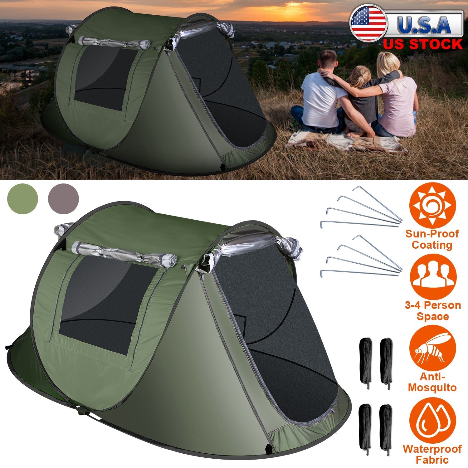 GemGear 3-4 person pop-up tent with automatic setup, waterproof fabric and mosquito-net windows on Tampa Home & Garden Store