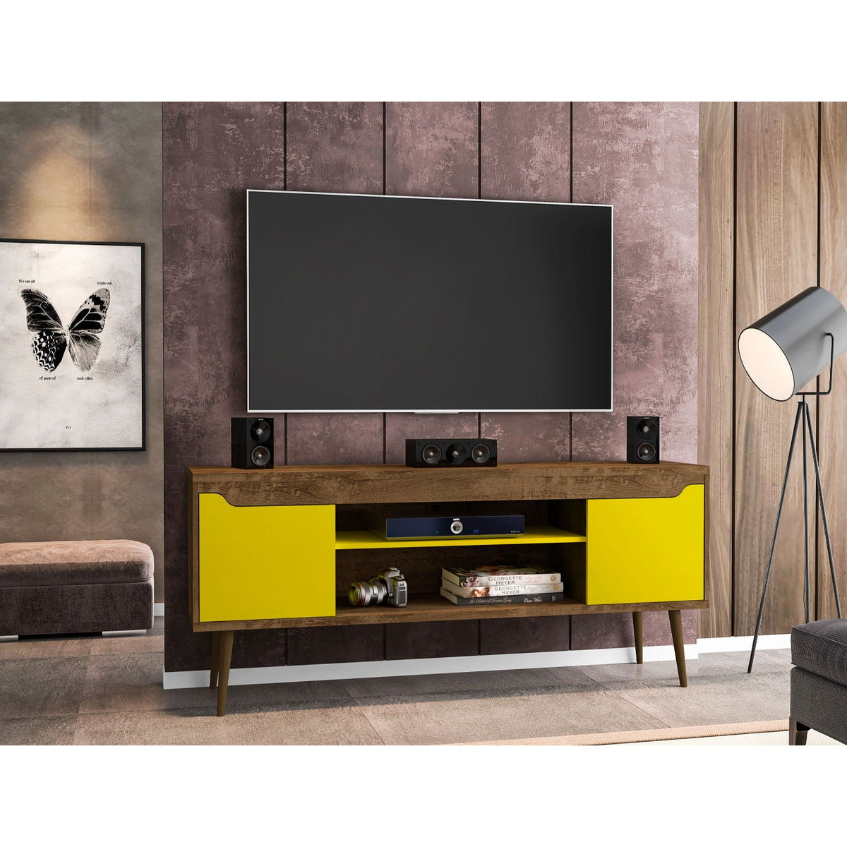 Modern design TV stand by HouseOfZazla with concealed storage, yellow doors and wood top on Tampa Home & Garden Store