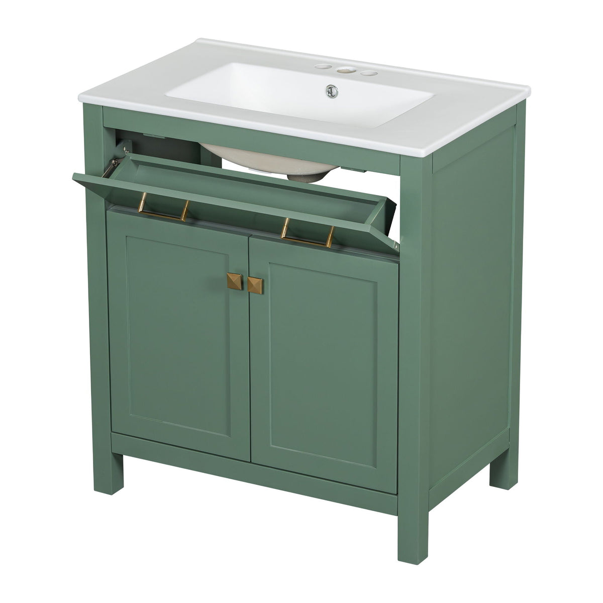 Modern bathroom vanity with ceramic sink on green cabinet by HouseOfZazla, gold hardware on Tampa Home & Garden Store