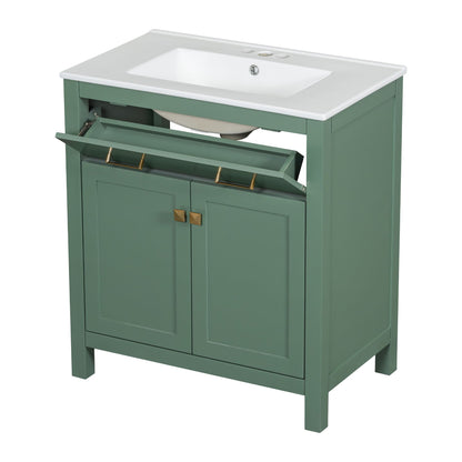 Modern bathroom vanity with ceramic sink on green cabinet by HouseOfZazla, gold hardware on Tampa Home & Garden Store