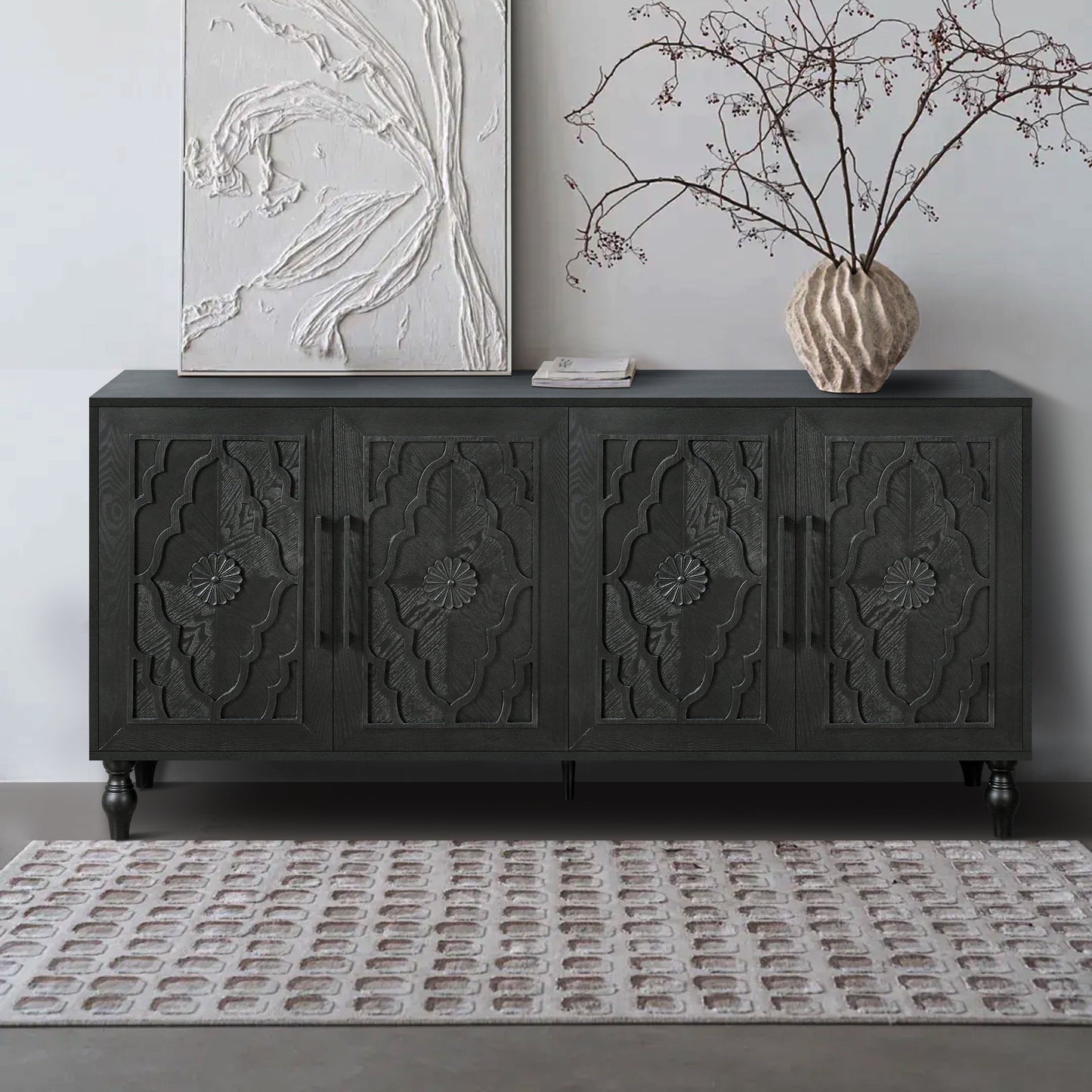 Carved Flower Door Large Storage Cabinet with Metal Handle, black finish with carved floral panel doors on Tampa Home & Garden Store