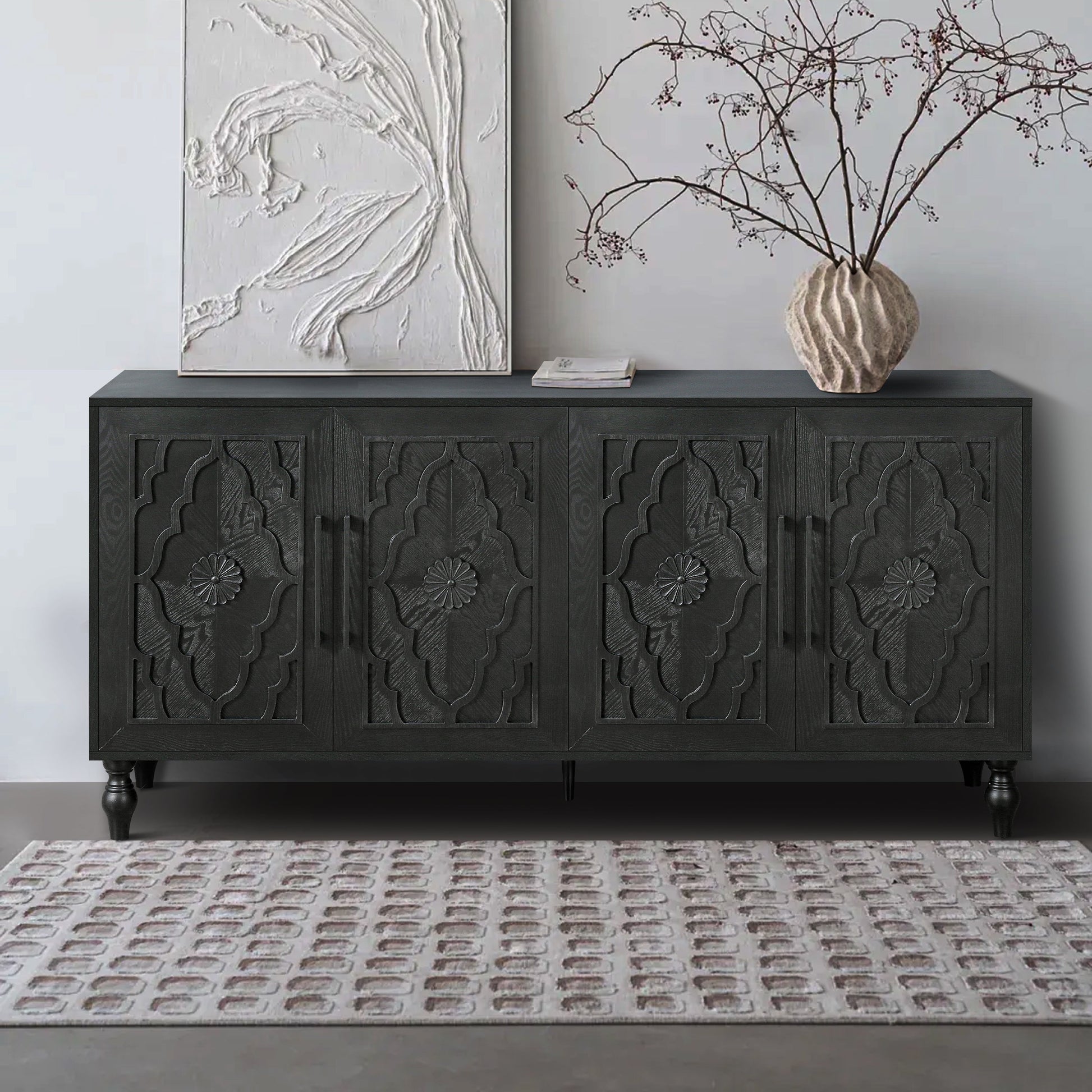Carved Flower Door Large Storage Cabinet with Metal Handle, black finish with carved floral panel doors on Tampa Home & Garden Store