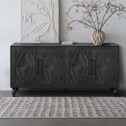 Carved Flower Door Large Storage Cabinet with Metal Handle, black finish with carved floral panel doors on Tampa Home & Garden Store
