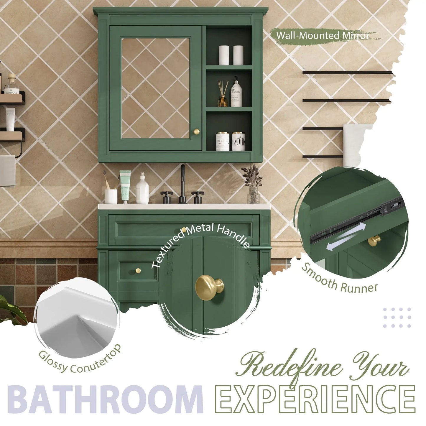 Green wall-mounted bathroom vanity with medicine cabinet, 2 soft-closing doors and 4 drawers on Tampa Home & Garden Store