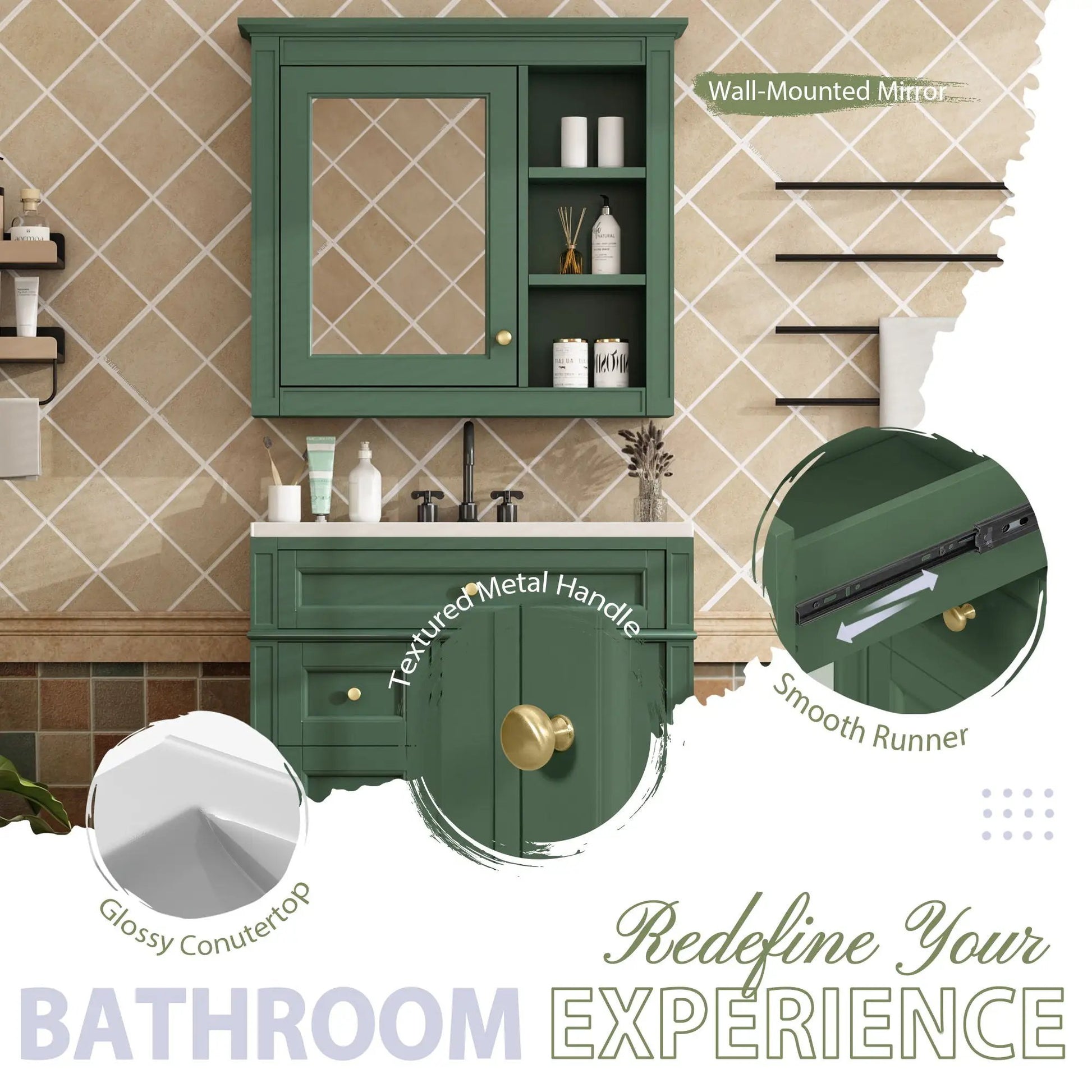 Green wall-mounted bathroom vanity with medicine cabinet, 2 soft-closing doors and 4 drawers on Tampa Home & Garden Store