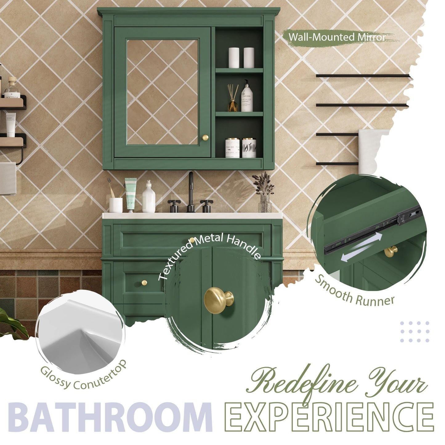 Bathroom vanity with medicine cabinet in green with 2 soft-closing doors and 4 drawers on Tampa Home & Garden Store