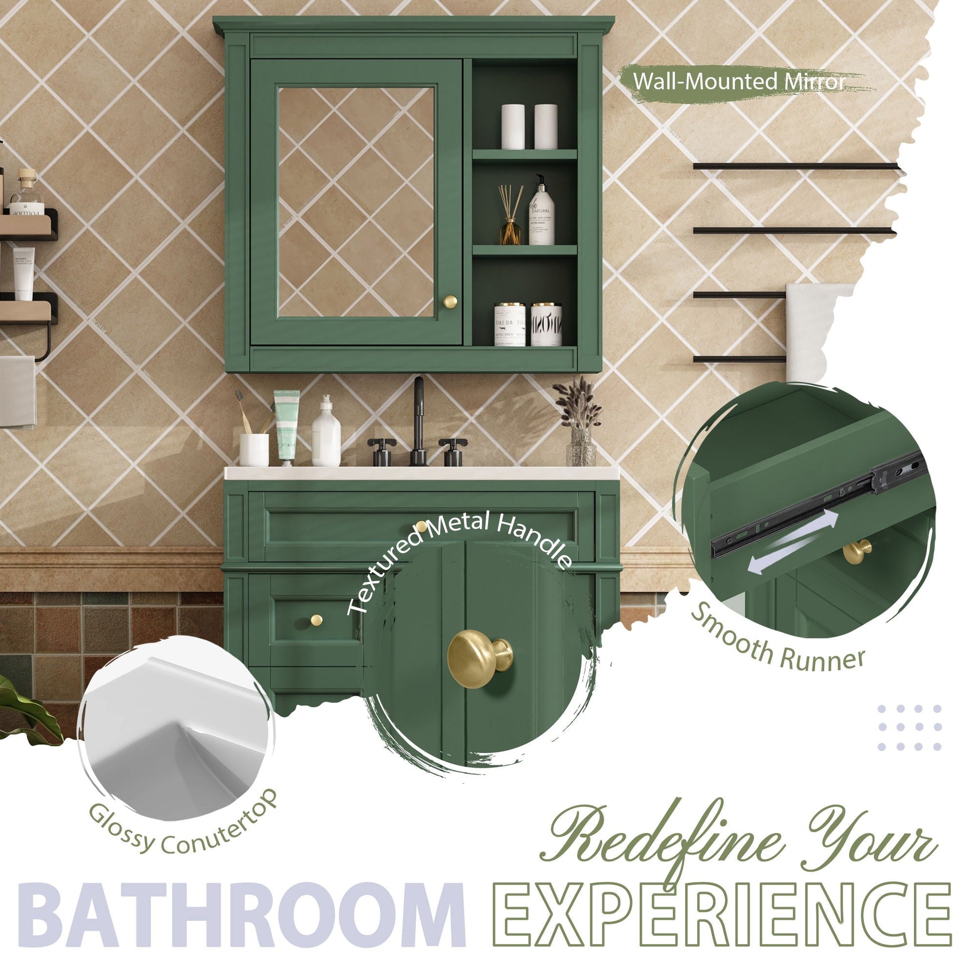 Bathroom vanity with medicine cabinet in green with 2 soft-closing doors and 4 drawers on Tampa Home & Garden Store