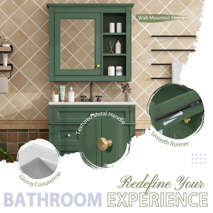 Bathroom vanity with medicine cabinet in green with 2 soft-closing doors and 4 drawers on Tampa Home & Garden Store