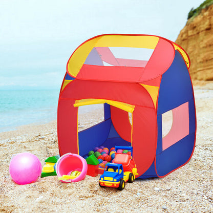 Portable kid play tent by GemGear with 100 balls and toy trucks, red blue yellow panels on beach on Tampa Home & Garden Store