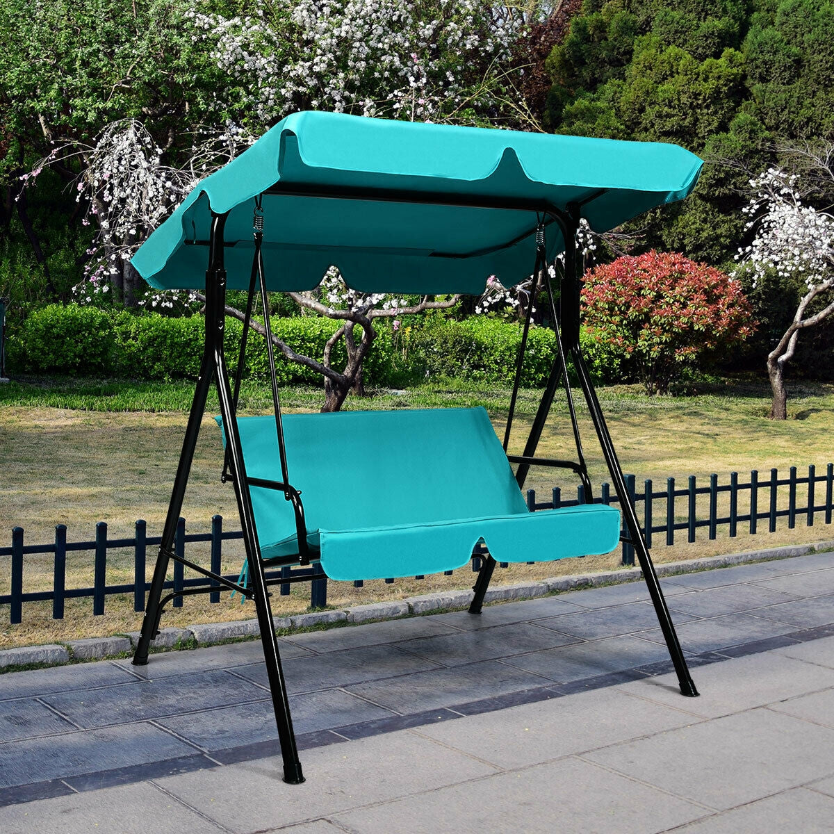 Loveseat Cushioned Patio Steel Frame Swing Glider -Black