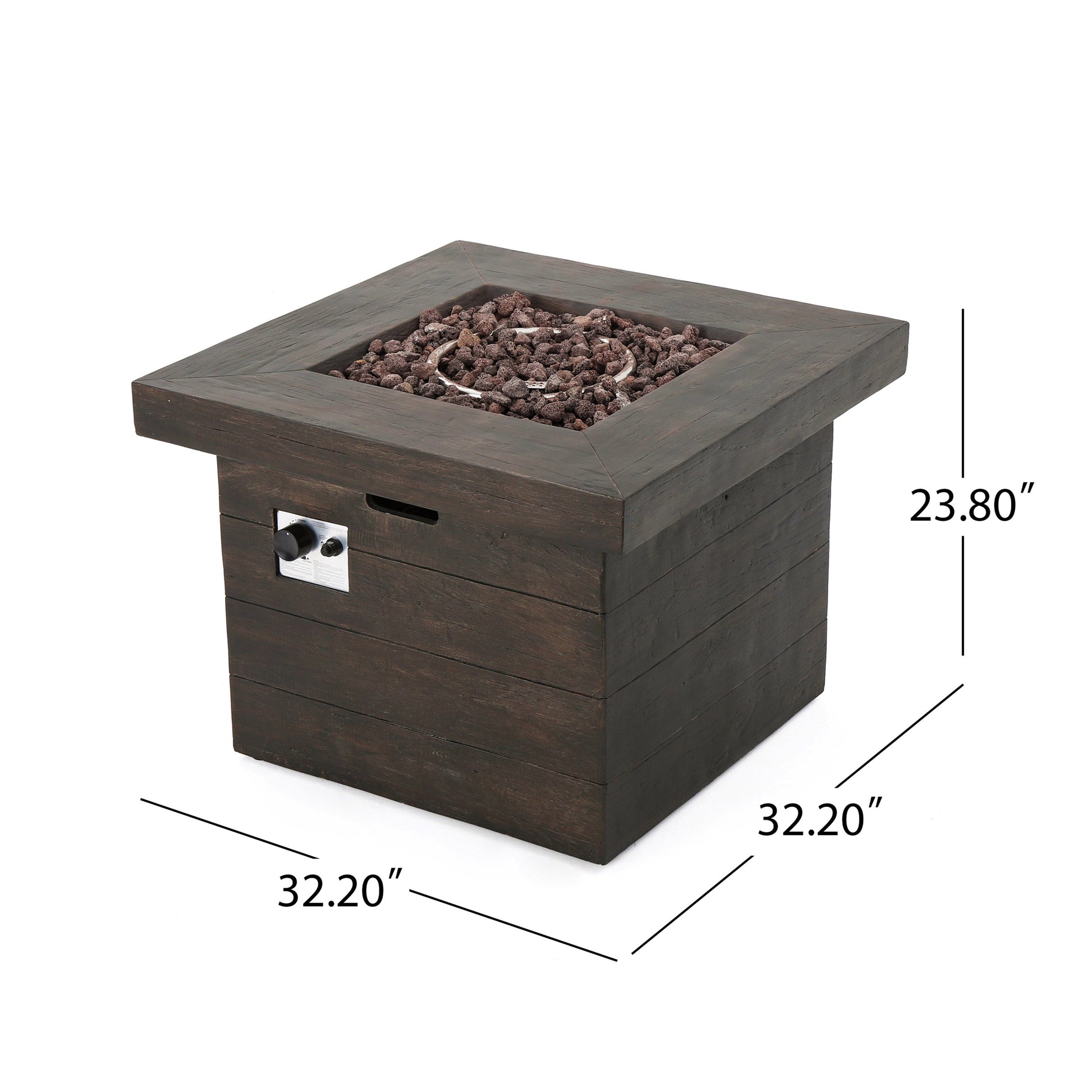 Anchorage 32'' brown wood square MGO fire pit with lava rocks and burner ring 40,000 BTU on Tampa Home & Garden Store