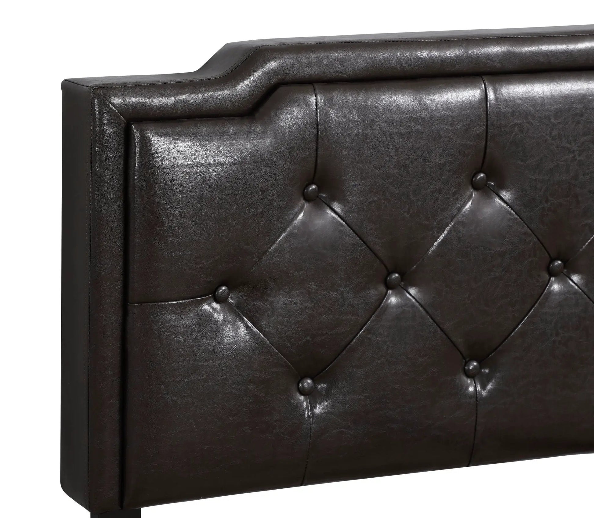 Button-tufted upholstered bed headboard in dark brown leather with diamond stitching on Tampa Home & Garden Store