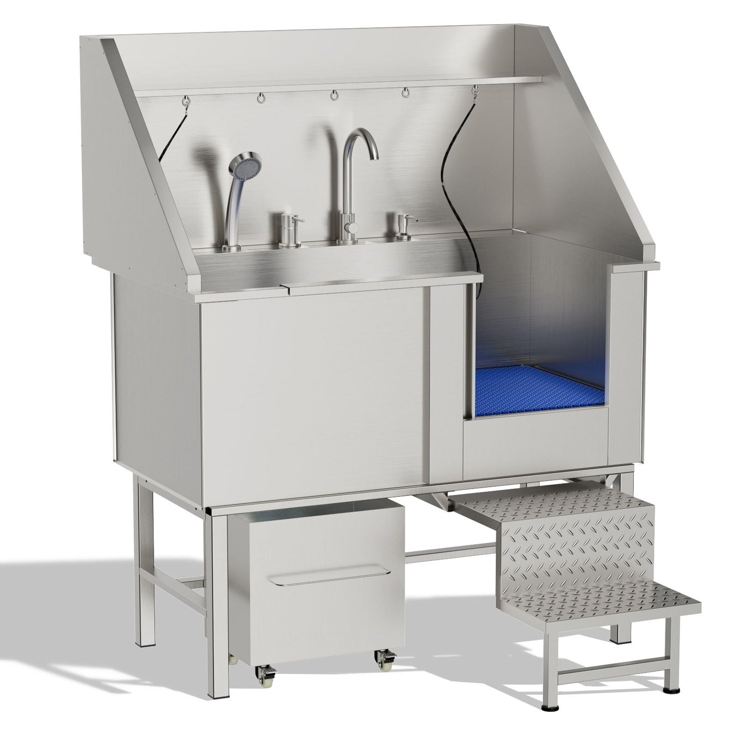 Stainless pet washing station with seamless design, hoses, faucet, and blue mat by HouseOfZazla on Tampa Home & Garden Store