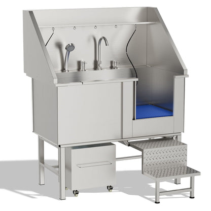 Stainless pet washing station with seamless design, hoses, faucet, and blue mat by HouseOfZazla on Tampa Home & Garden Store