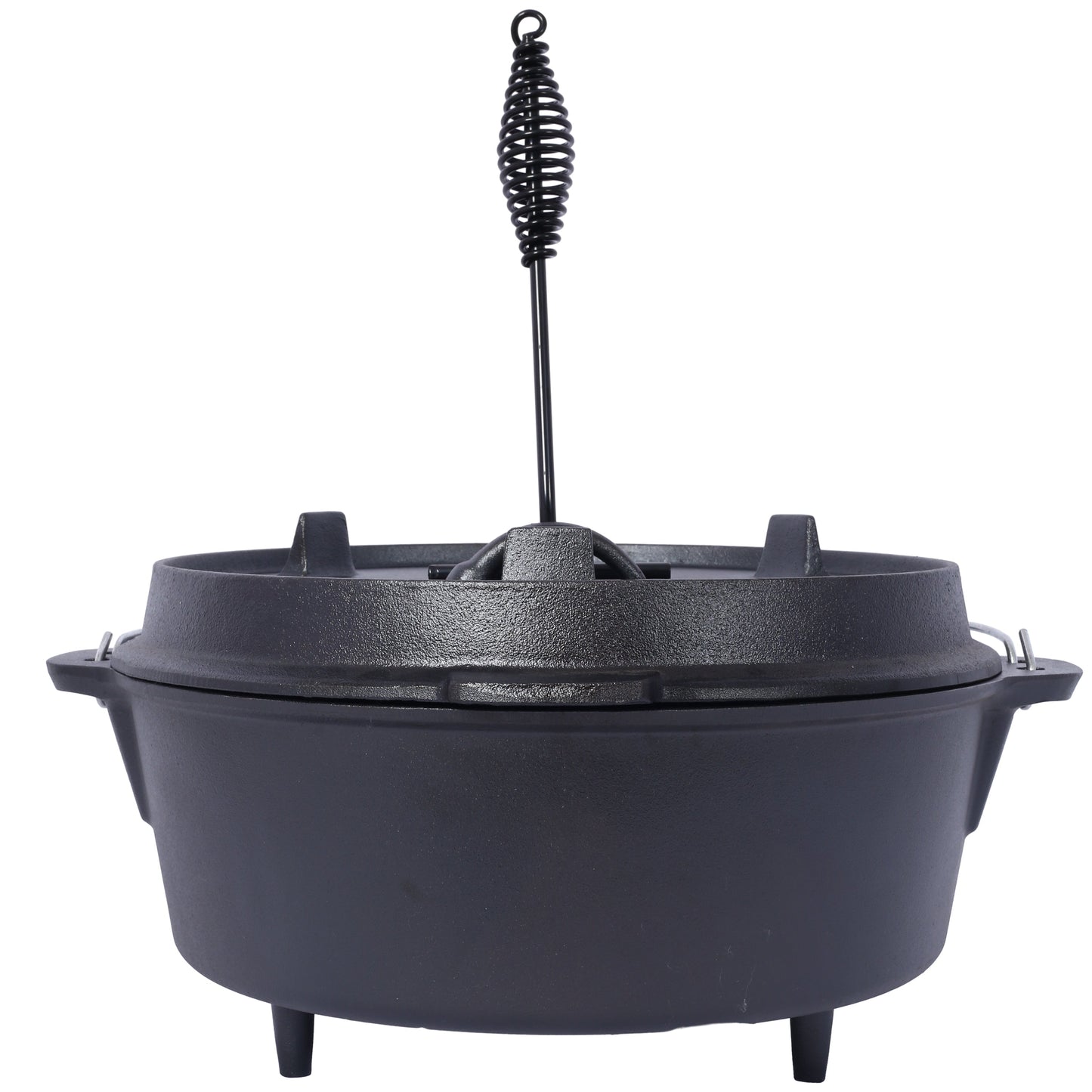 Cast iron Dutch oven with skillet lid, pre-seasoned black finish, with coil lifting rod on Tampa Home & Garden Store