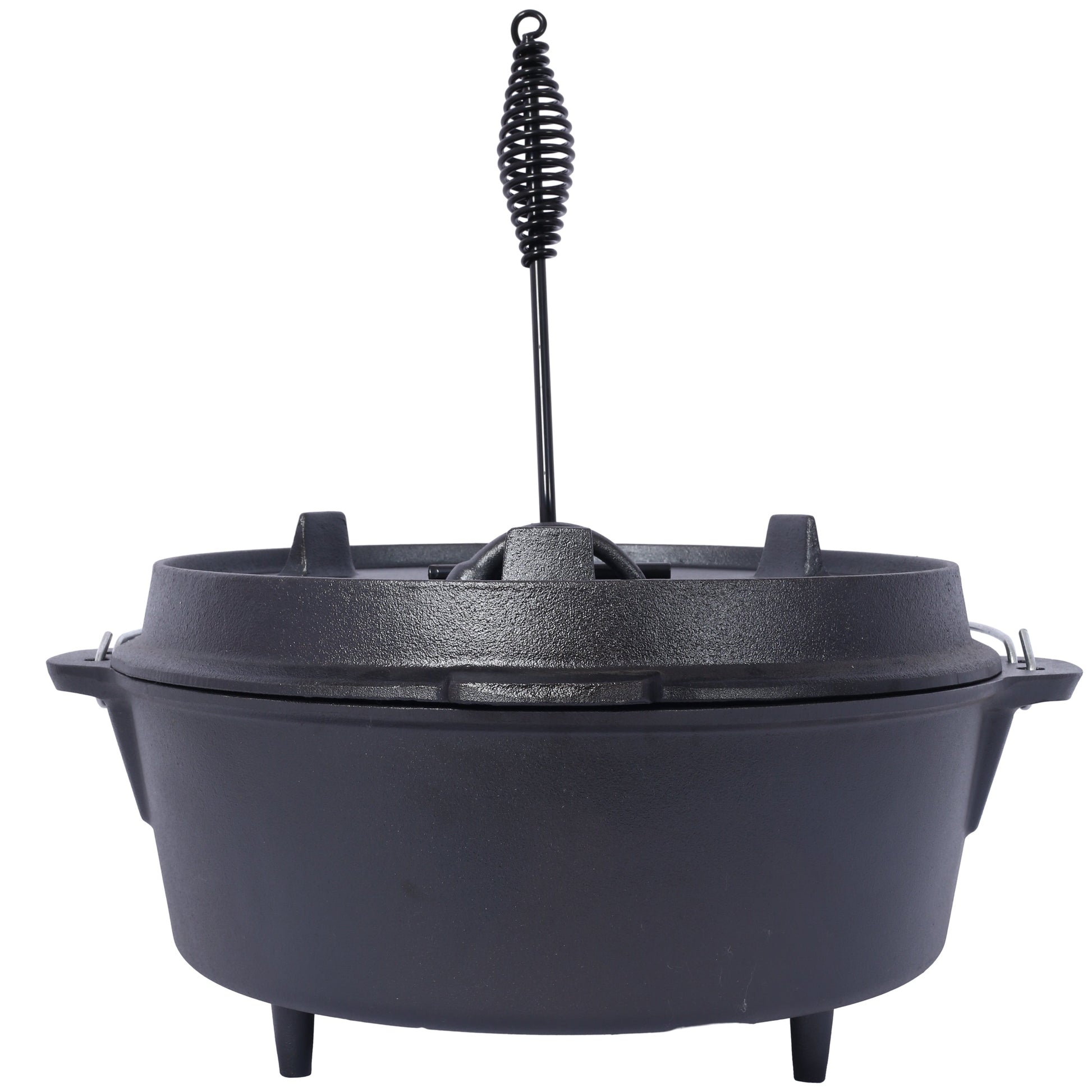 Cast iron Dutch oven with skillet lid, pre-seasoned black finish, with coil lifting rod on Tampa Home & Garden Store