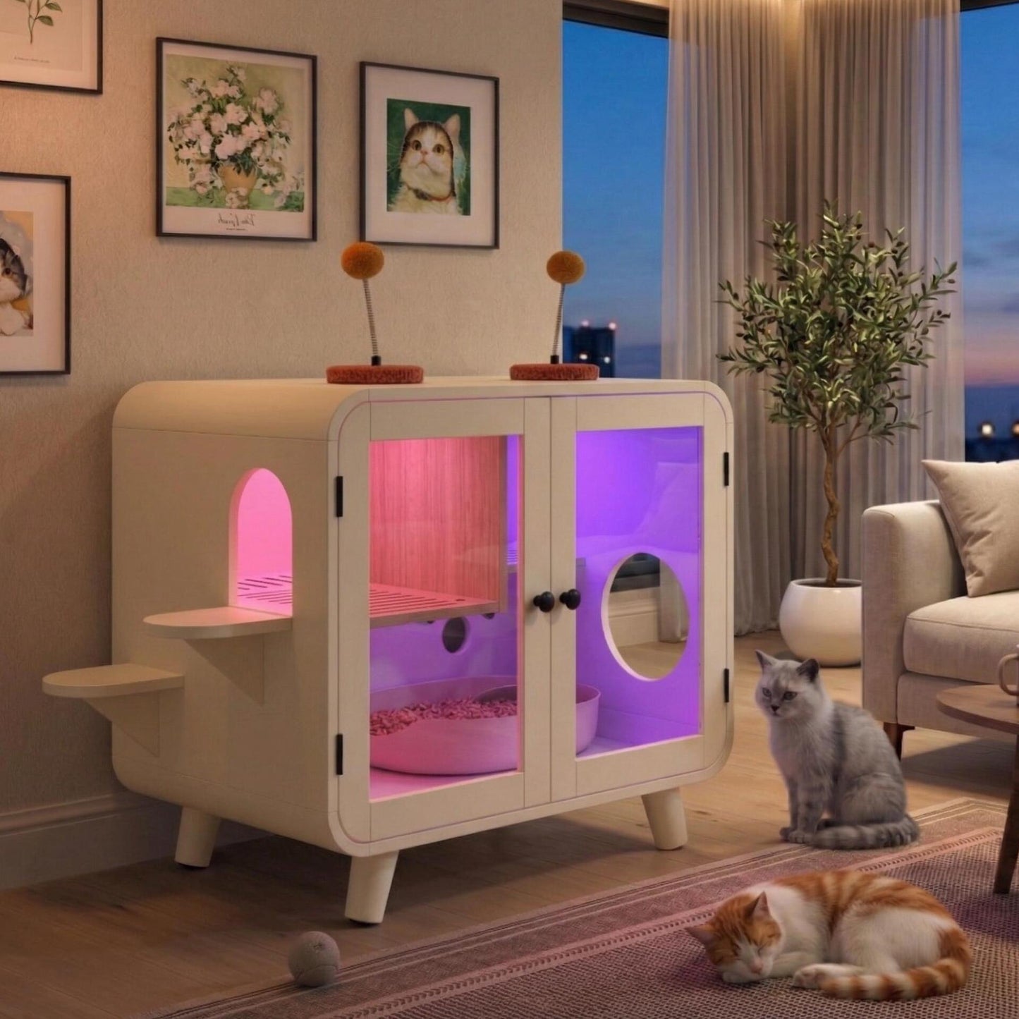 Cat hidden litter box enclosure with RGB LED lights and glass doors, white unit with purple glow on Tampa Home & Garden Store