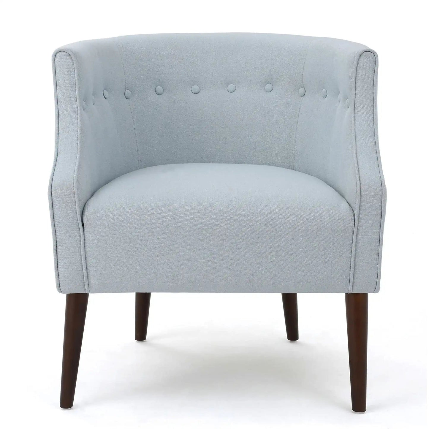 Contemporary upholstered club chair with button tufting in light gray fabric and dark wood legs on Tampa Home & Garden Store