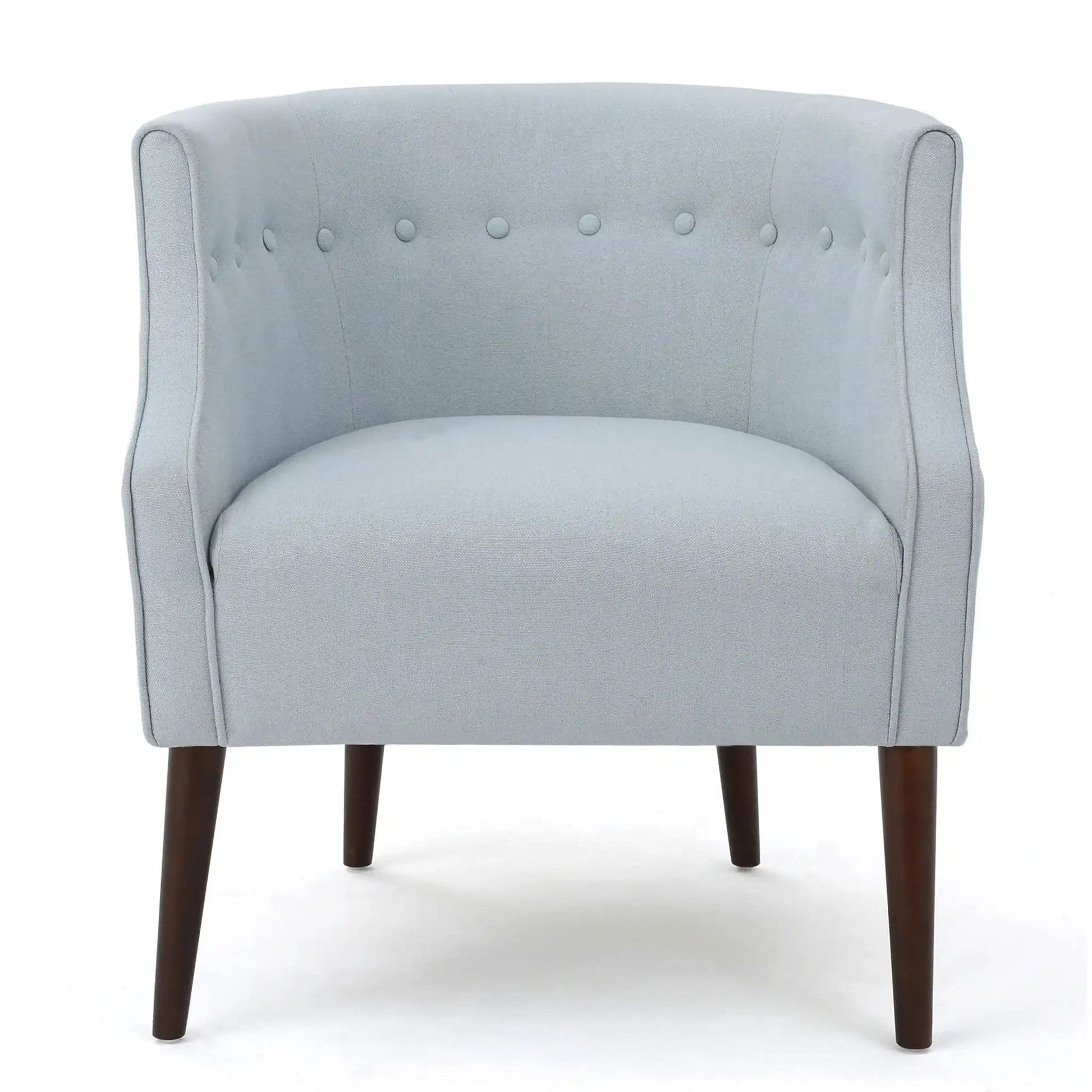 Contemporary upholstered club chair with button tufting in light gray fabric and dark wood legs on Tampa Home & Garden Store
